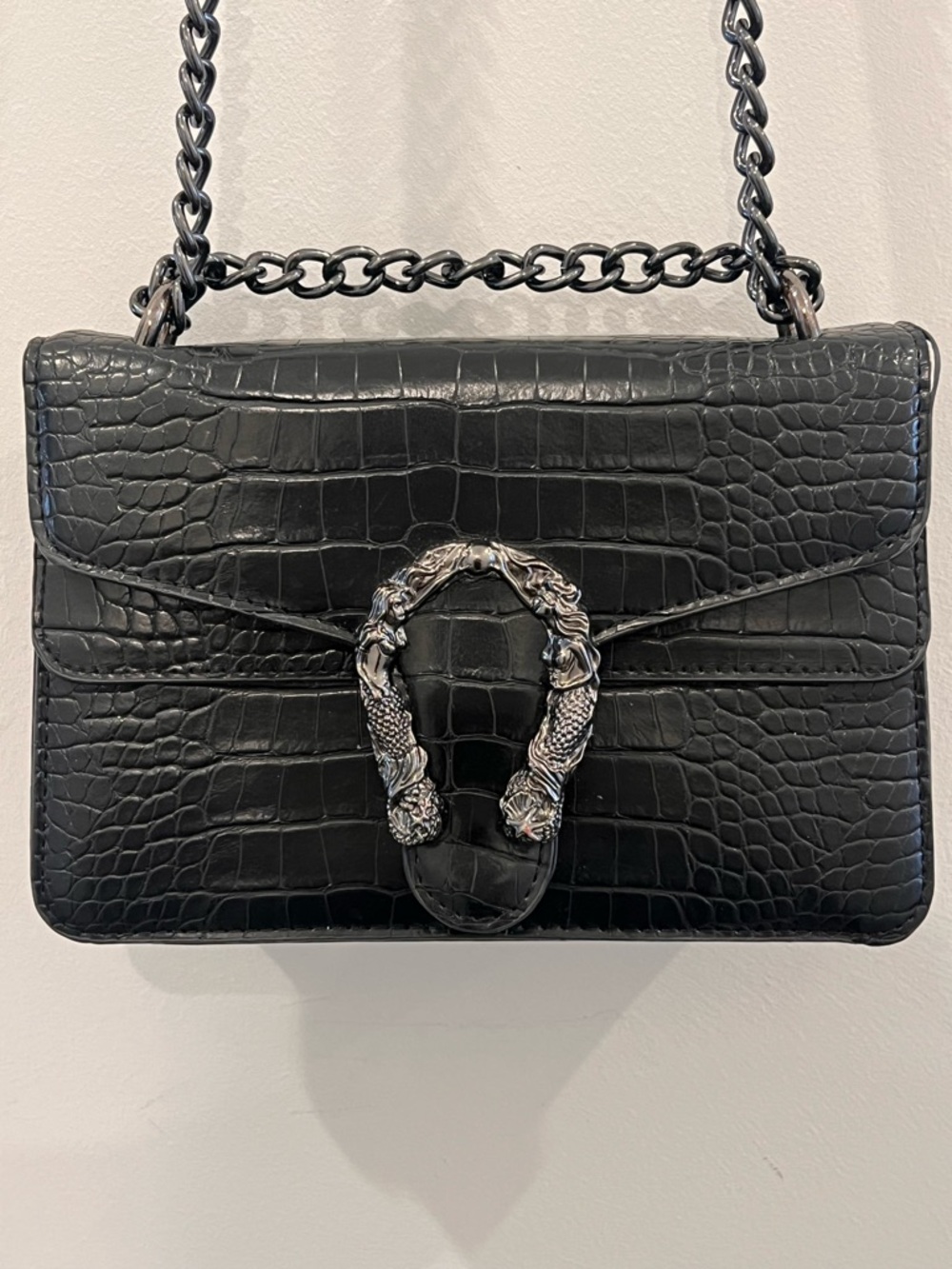 Black Croc Embossed Chain Shoulder Bag